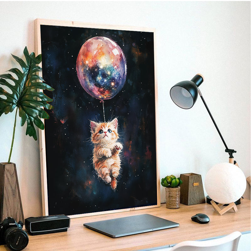 Kitty Cat Galaxy Balloon Adventure - Living Room - Canvas Wall Art - Print - Wall Decor