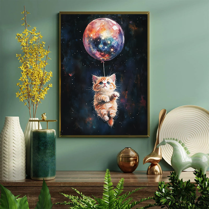 Kitty Cat Galaxy Balloon Adventure - Living Room - Canvas Wall Art - Print - Wall Decor