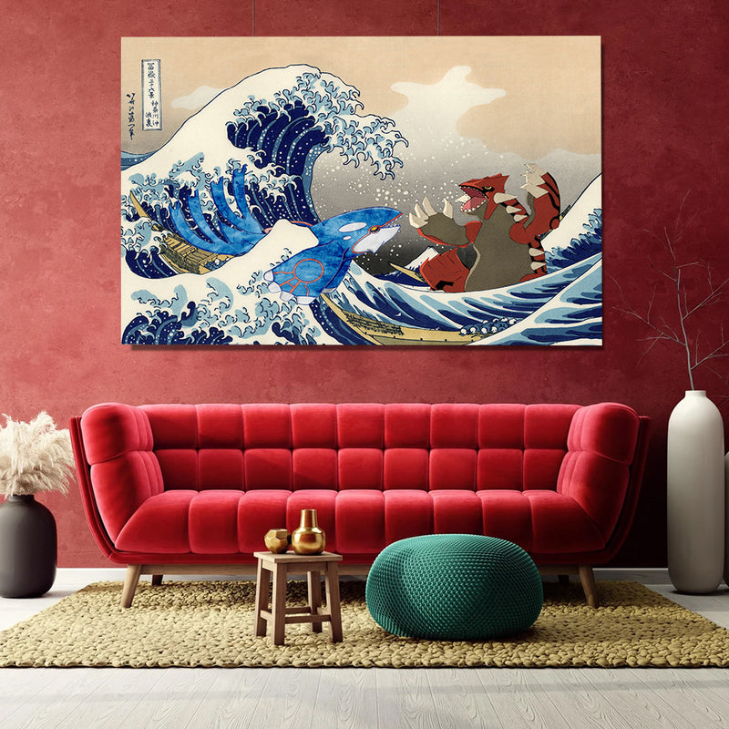 Kyogre Vs Groudon The Great Wave Japan - Living Room - Canvas Wall Art - Print - Wall Decor