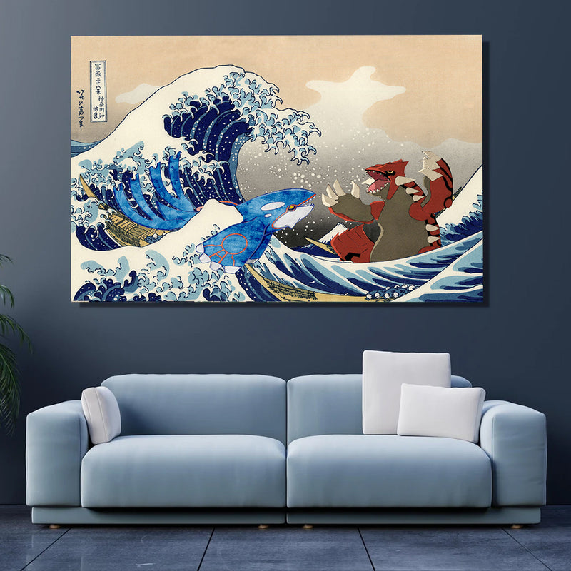 Kyogre Vs Groudon The Great Wave Japan - Living Room - Canvas Wall Art - Print - Wall Decor