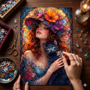 Lady With Black Cat Stained Glass Jigsaw Puzzle