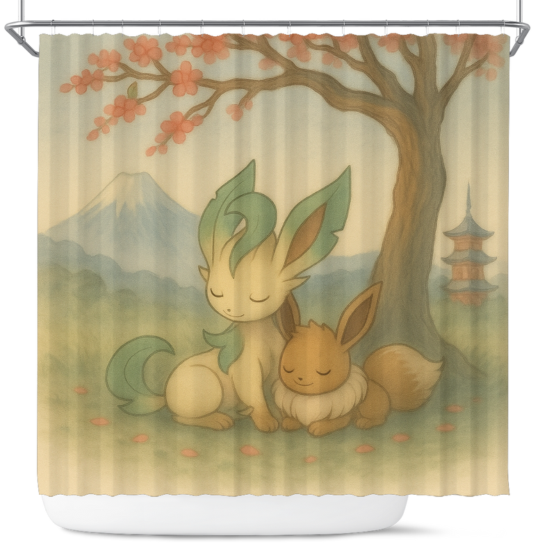 Leafeon And Eevee Pokemon Japan Cherry Blossom Shower Curtain