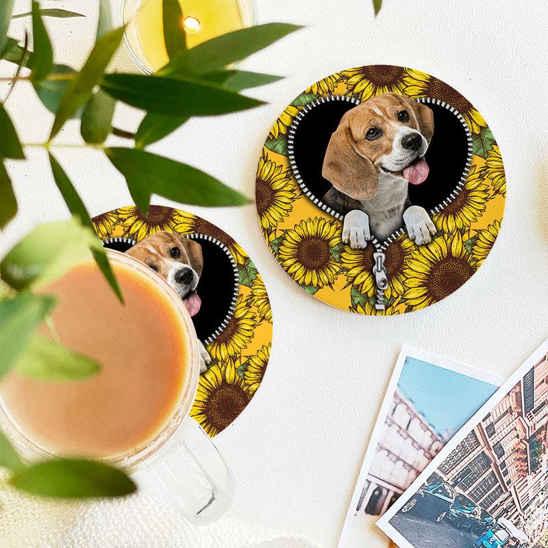 Lovely Beagle Sunflower Zipper Ceramic Decor Coaster - Gift Idea