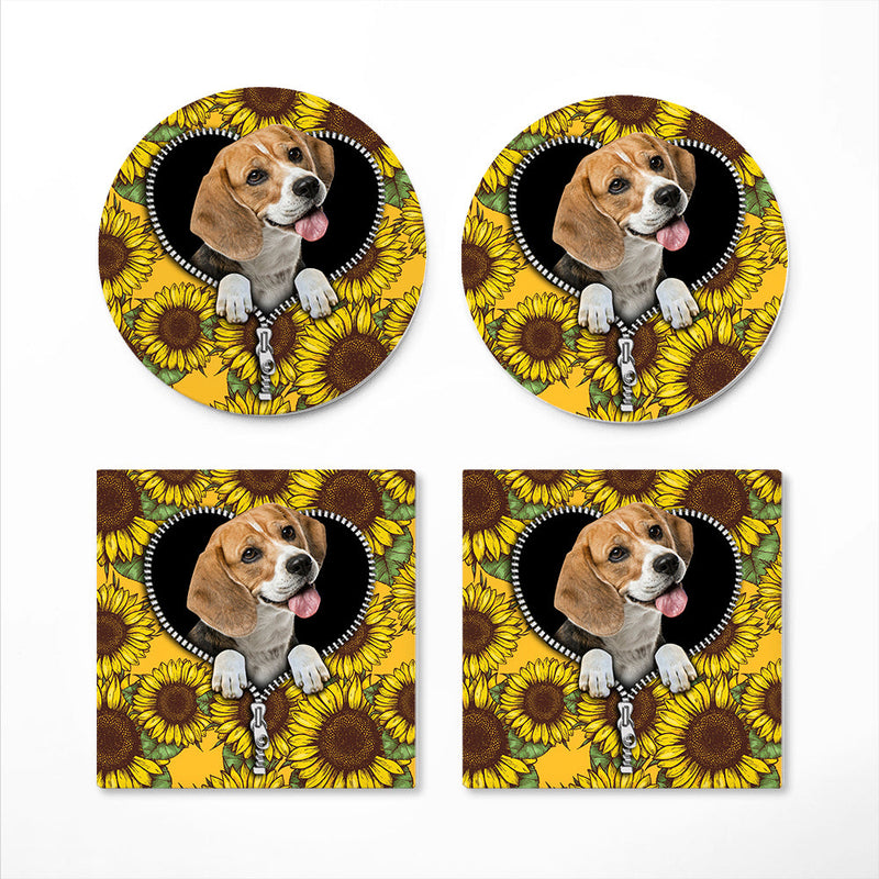 Lovely Beagle Sunflower Zipper Ceramic Decor Coaster - Gift Idea