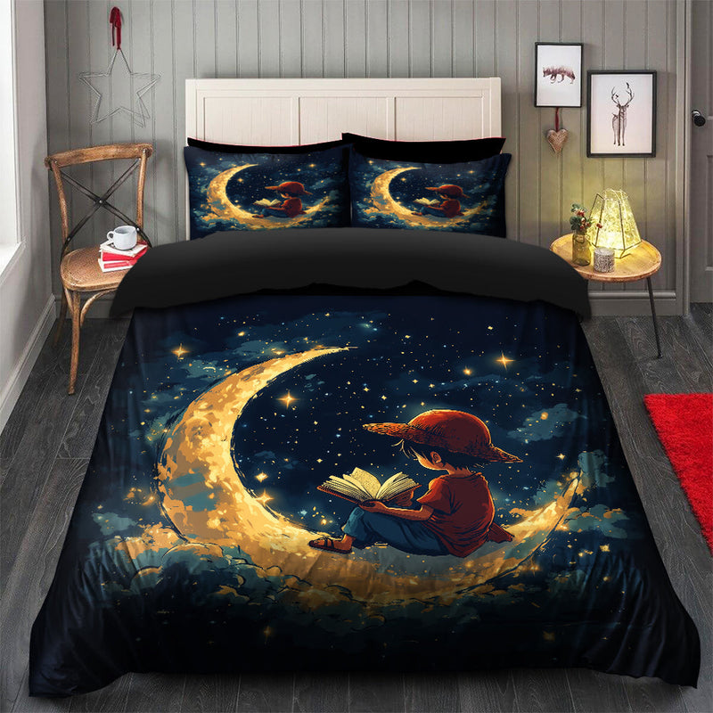 Luffy One Peace Reading On A Crescent Moon Bedding Set Duvet Cover And 2 Pillowcases