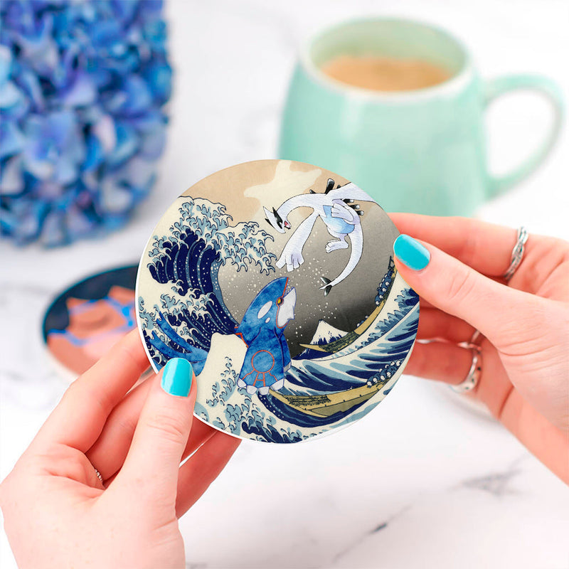 Lugia Vs Kyogre The Great Wave Japan Ceramic Decor Coaster - Gift Idea