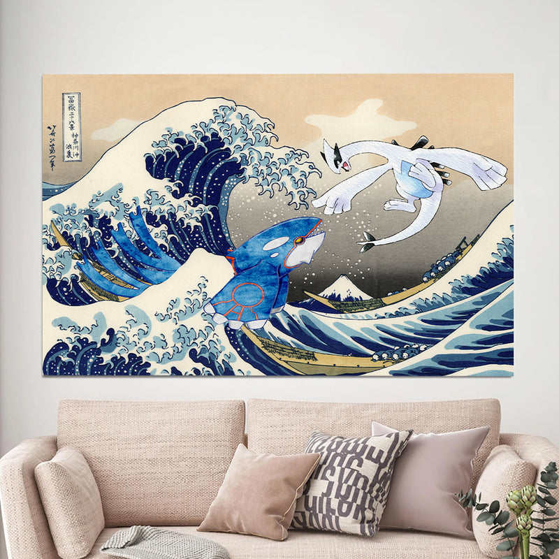 Lugia Vs Kyogre The Great Wave Japan - Living Room - Canvas Wall Art - Print - Wall Decor