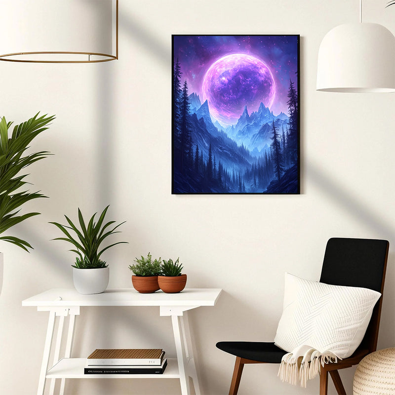 Majestic Purple Planet Over Mystical Mountains - Living Room - Canvas Wall Art - Print - Wall Decor