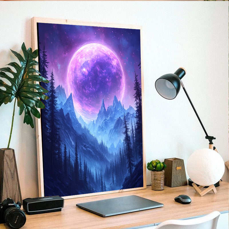 Majestic Purple Planet Over Mystical Mountains - Living Room - Canvas Wall Art - Print - Wall Decor