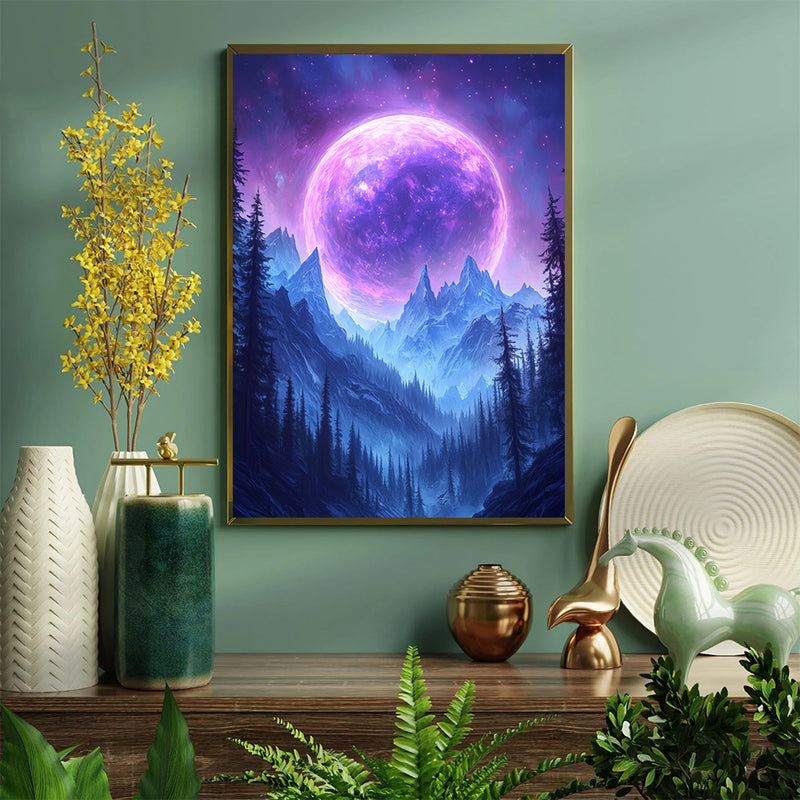 Majestic Purple Planet Over Mystical Mountains - Living Room - Canvas Wall Art - Print - Wall Decor