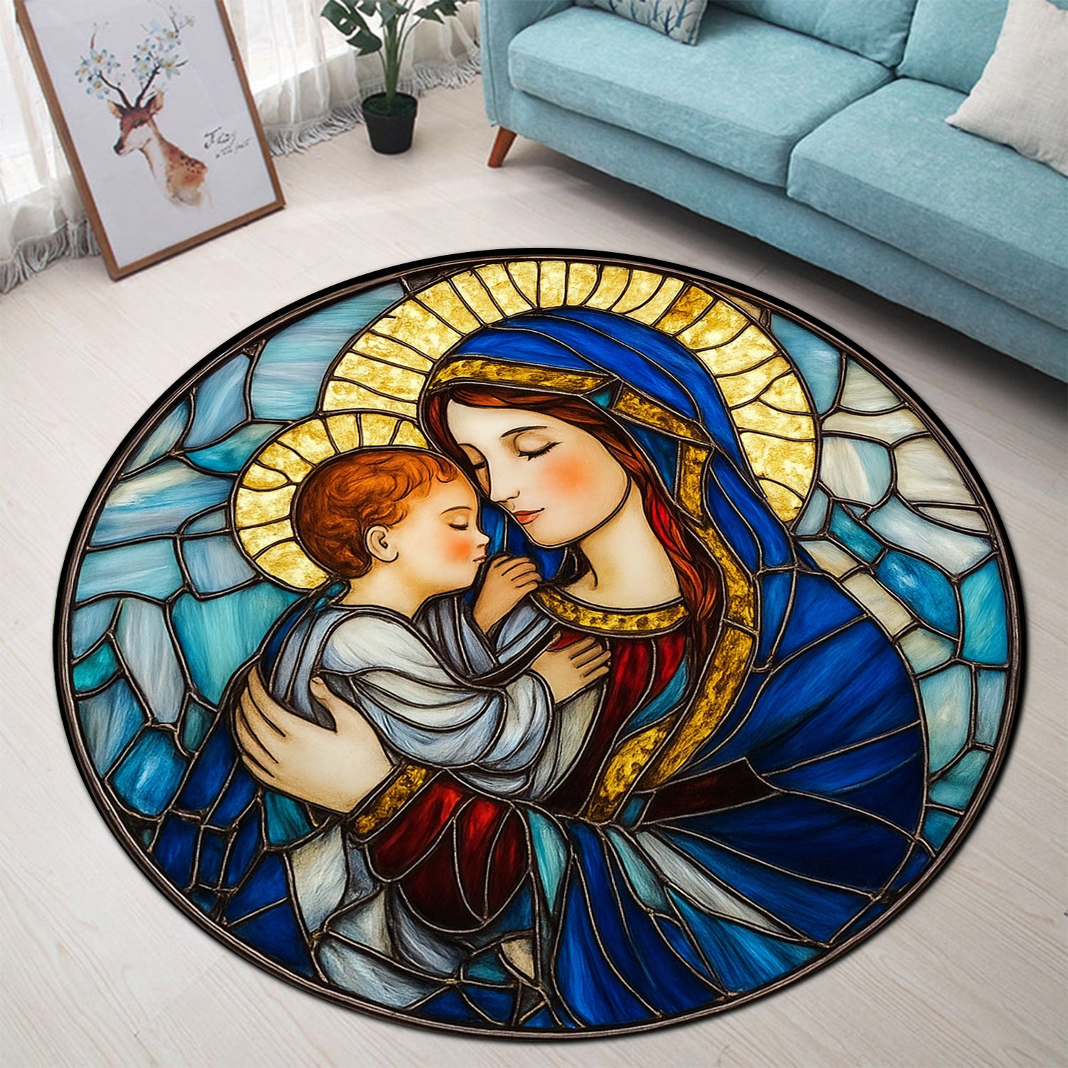 Mary Holding The Infant Jesus Stained Glass Round Rug