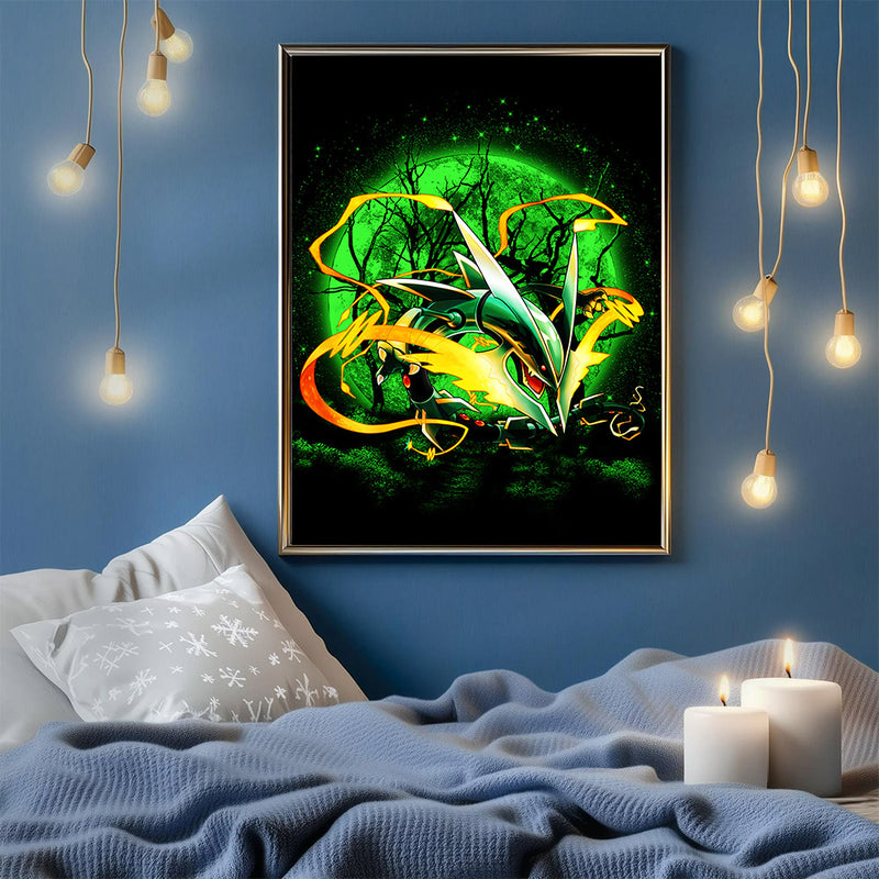 Mega X Rayquaza Pokemon Moonlight - Living Room - Canvas Wall Art - Print - Wall Decor