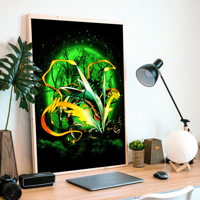 Mega X Rayquaza Pokemon Moonlight - Living Room - Canvas Wall Art - Print - Wall Decor