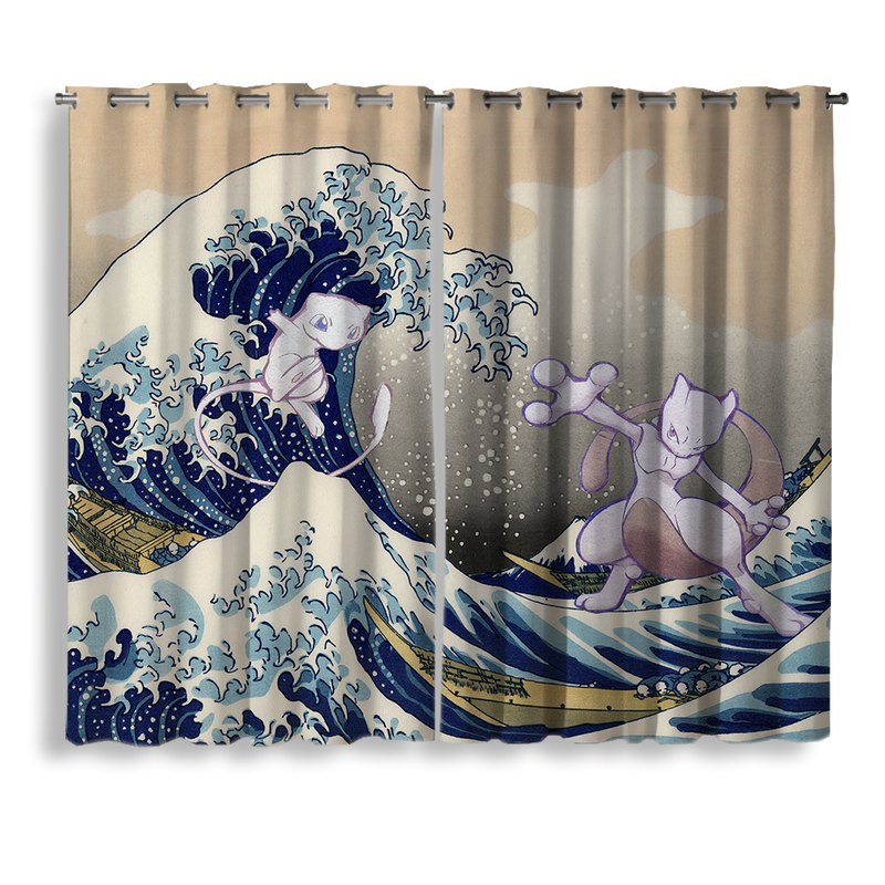 Mewtwo Vs Mew Pokemon The Great Wave Japan Window Curtain