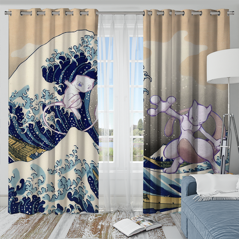 Mewtwo Vs Mew Pokemon The Great Wave Japan Window Curtain