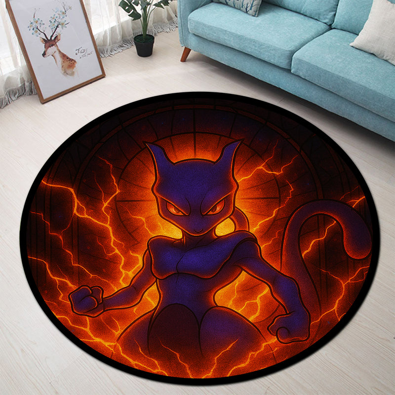 Mewtwo Pokemon Fire Stained Glass Round Carpet Rug Bedroom Livingroom