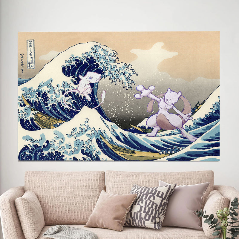 Mewtwo Vs Mew The Great Wave Japan - Living Room - Canvas Wall Art - Print - Wall Decor