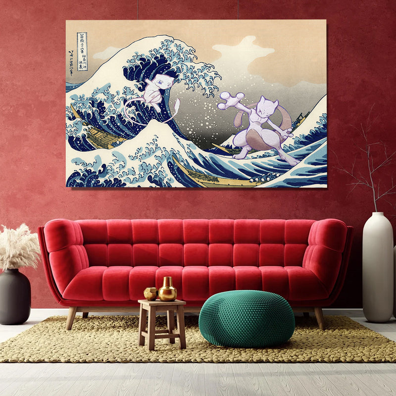 Mewtwo Vs Mew The Great Wave Japan - Living Room - Canvas Wall Art - Print - Wall Decor