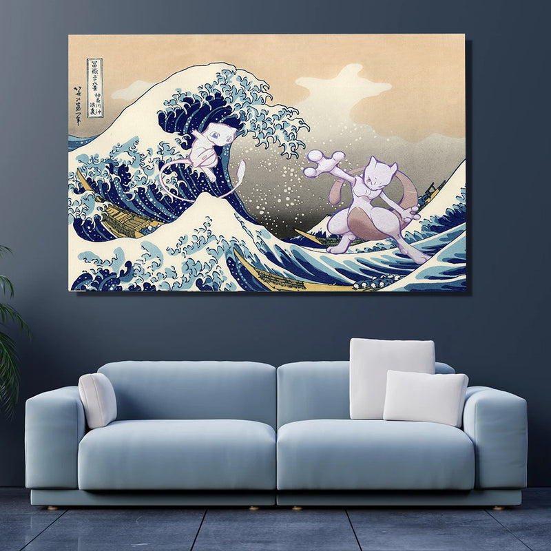 Mewtwo Vs Mew The Great Wave Japan - Living Room - Canvas Wall Art - Print - Wall Decor