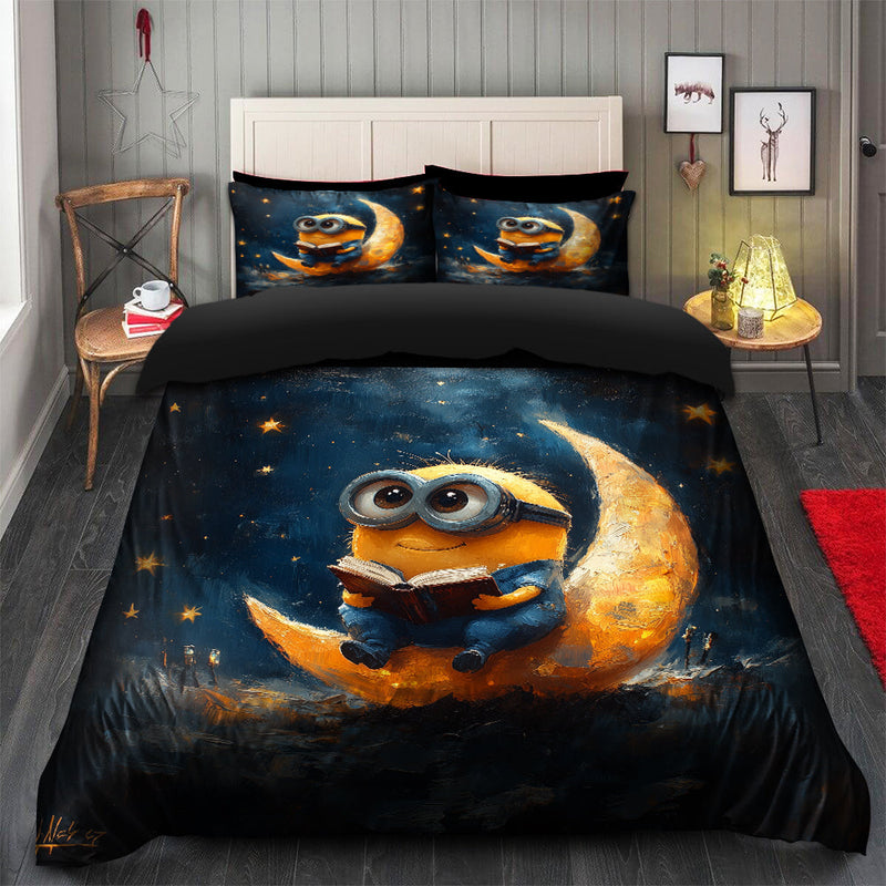 Minions Reading On A Moon Bedding Set Duvet Cover And 2 Pillowcases