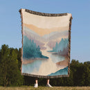 Misty Mountain Forest Nature Green Pines Scenery Woven Throw Blanket