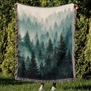 Misty Mountain Forest Nature Green Pines Scenery Woven Throw Blanket
