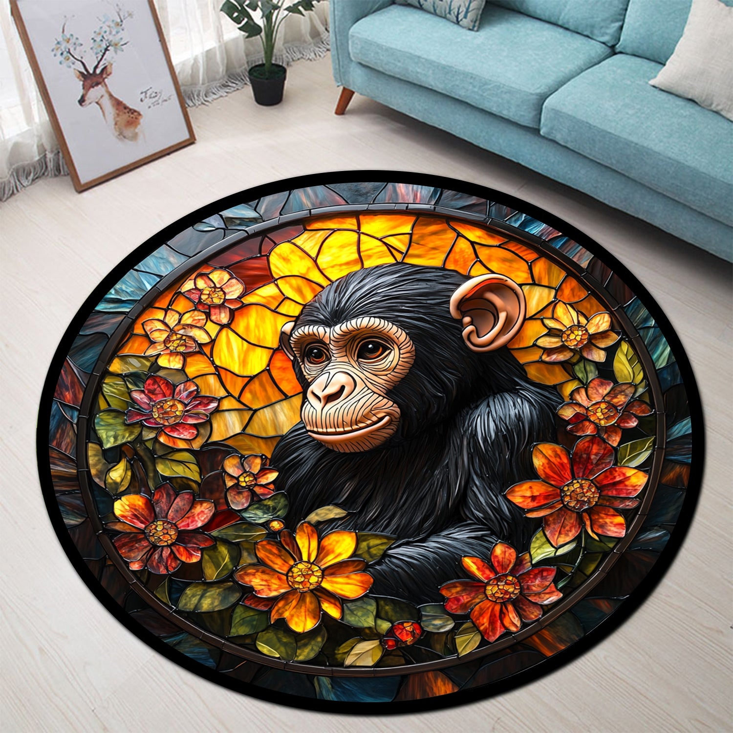 Red Monkey Rug Monkey Stained Glass Round Rug