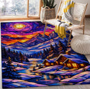 Mountain And Cozy Houses Stained Glass Rectangular Area Rug
