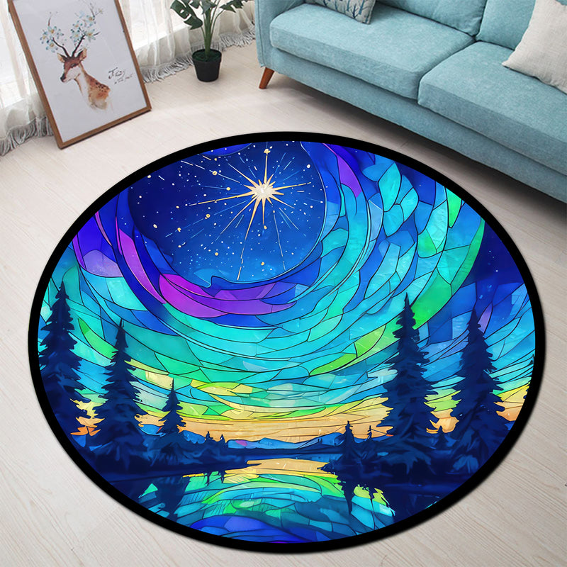 Northern Lights Wilderness Dream Stained Glass Round Rug
