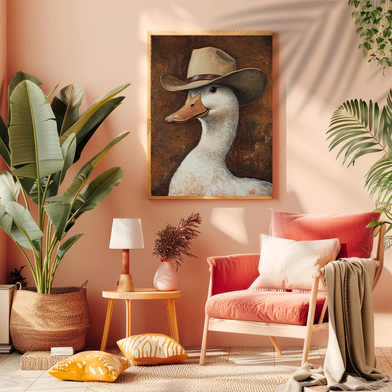 Painting Of A Cowboy Duck - Living Room - Canvas Wall Art - Print - Wall Decor