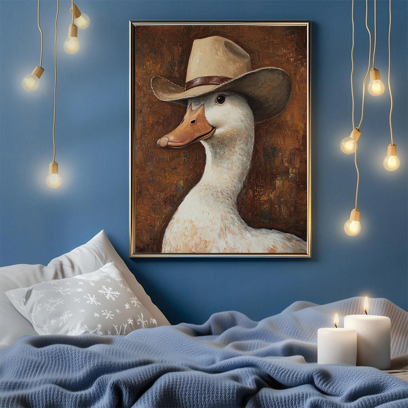 Painting Of A Cowboy Duck - Living Room - Canvas Wall Art - Print - Wall Decor