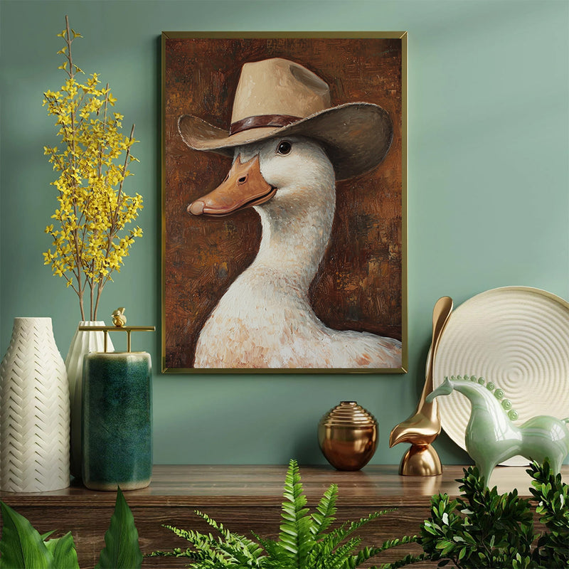 Painting Of A Cowboy Duck - Living Room - Canvas Wall Art - Print - Wall Decor