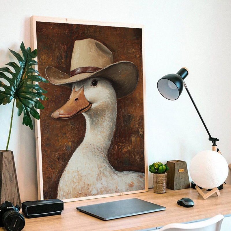 Painting Of A Cowboy Duck - Living Room - Canvas Wall Art - Print - Wall Decor