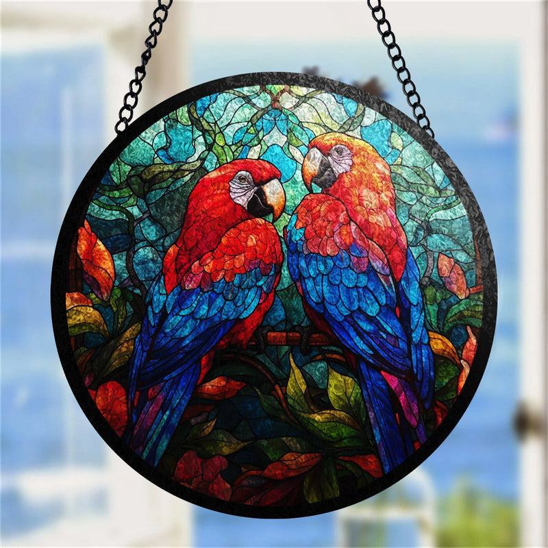 Parrot Couple Round Stained Glass Suncatcher