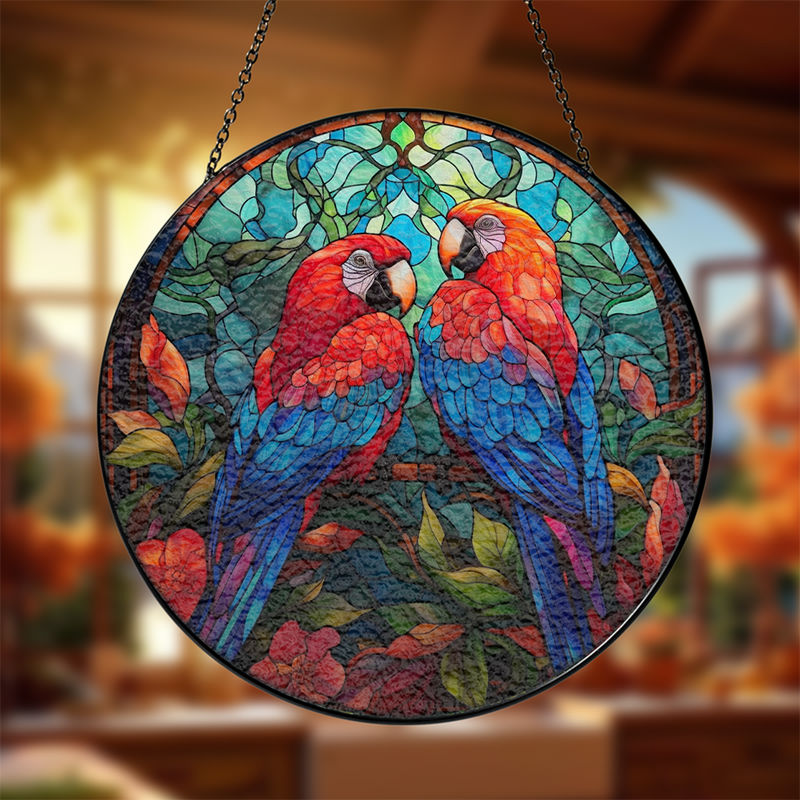 Parrot Couple Round Stained Glass Suncatcher