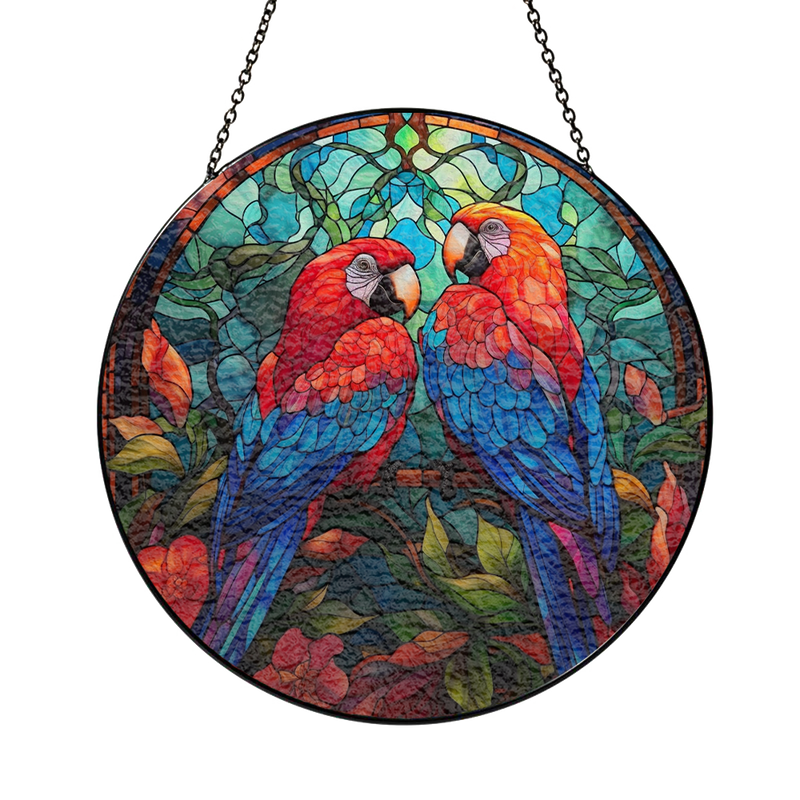 Parrot Couple Round Stained Glass Suncatcher