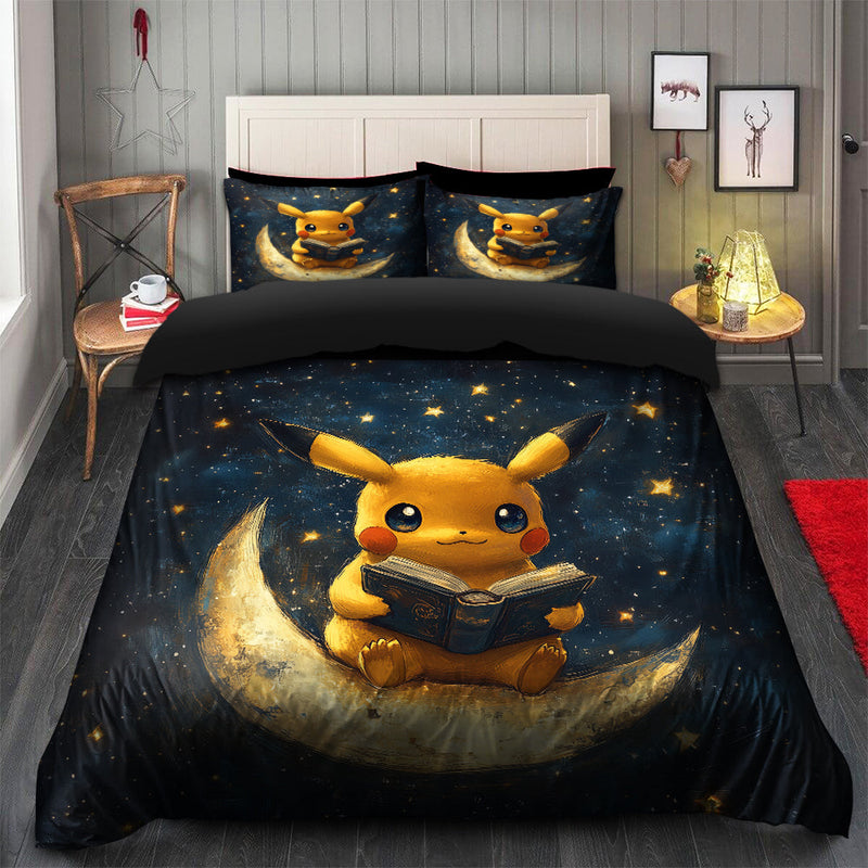 Pikachu Pokemon Reading On A Crescent Moon Bedding Set Duvet Cover And 2 Pillowcases