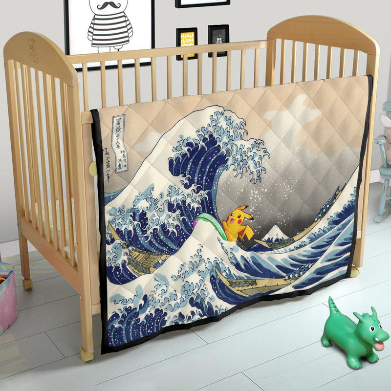 Pikachu The Great Wave Japan Pokemon Quilt Blanket