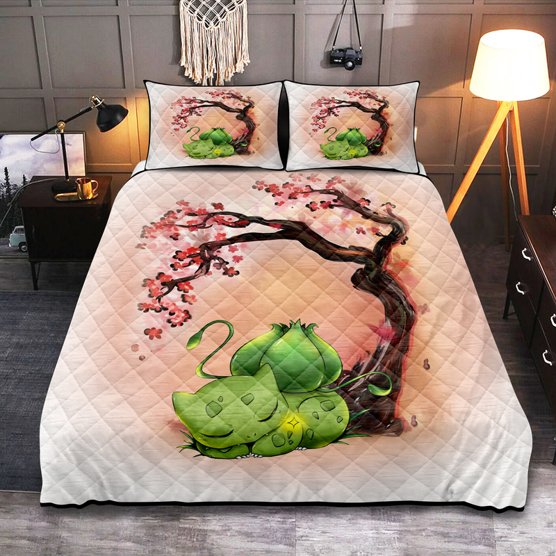 Pokemon Bulbasaur Sleep Cherry Blossom Japan Style Quilt Bed Sets