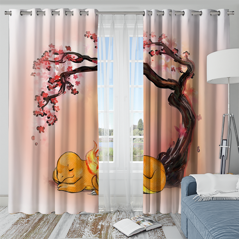 Pokemon Fire Charmander Sleep Cherry Blossom Japan Window Curtain