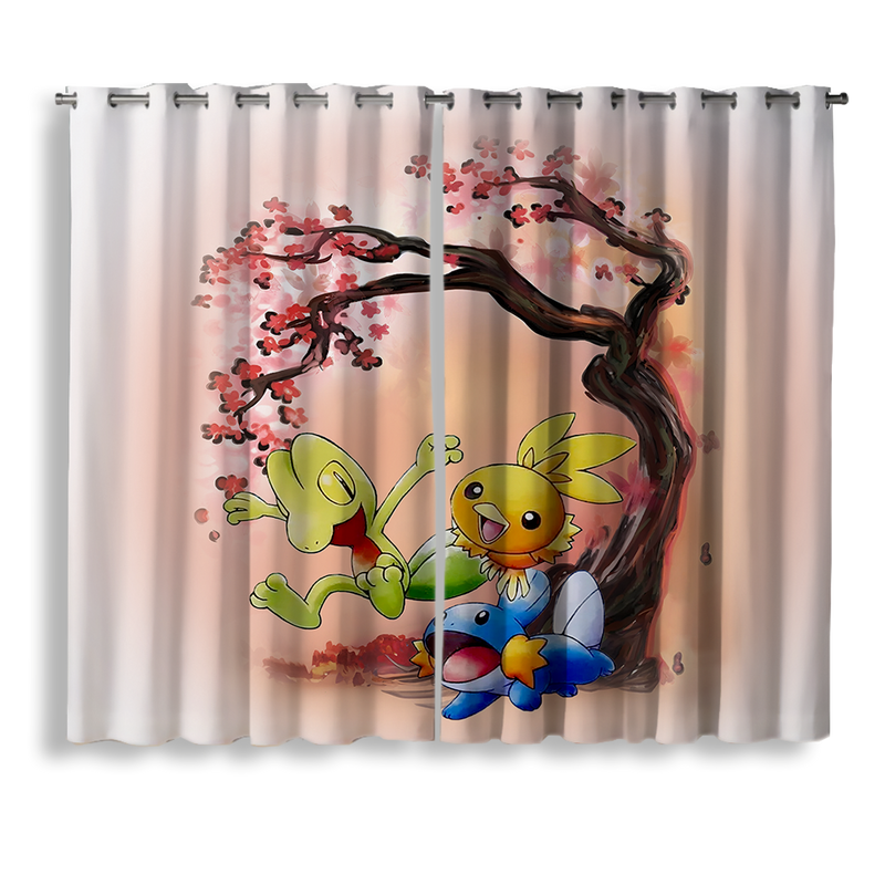 Pokemon Mudkip Treecko Torchic Cherry Blossom Window Curtain