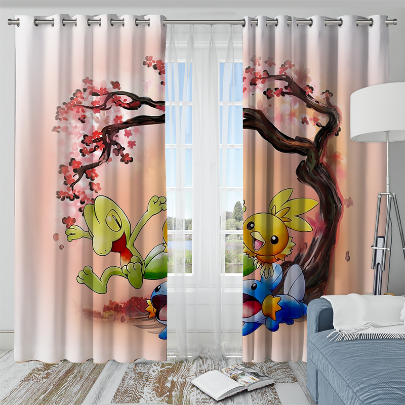 Pokemon Mudkip Treecko Torchic Cherry Blossom Window Curtain