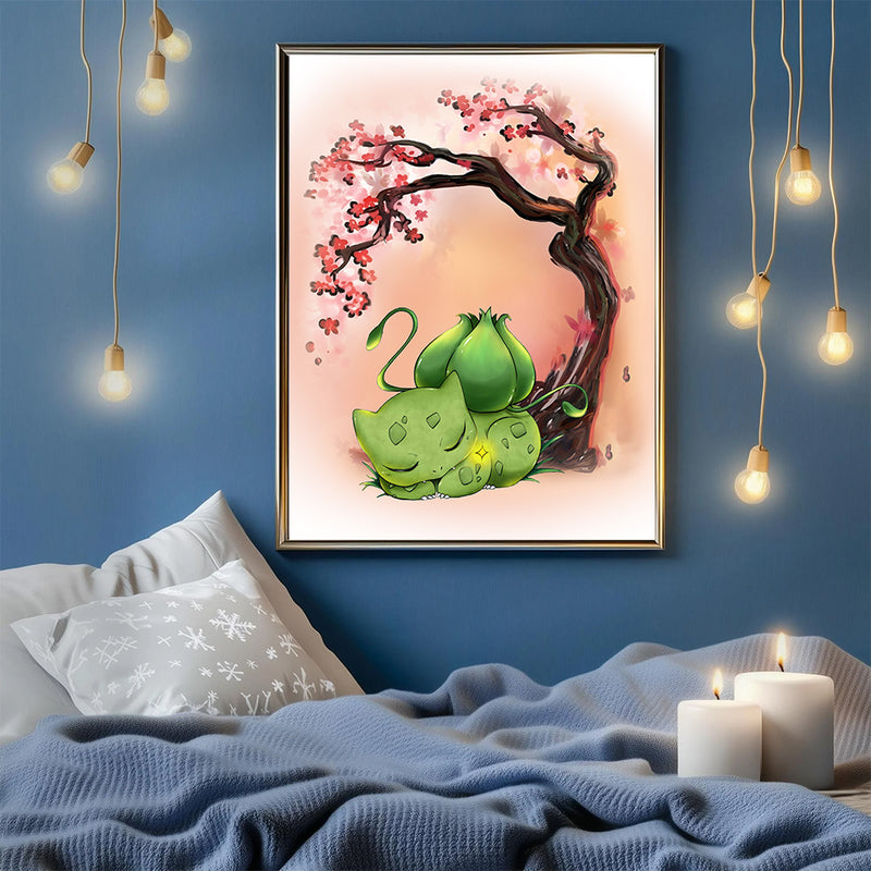 Pokemon Bulbasaur Sleep Anime Cherry Blossom Japan - Living Room - Canvas Wall Art - Print - Wall Decor