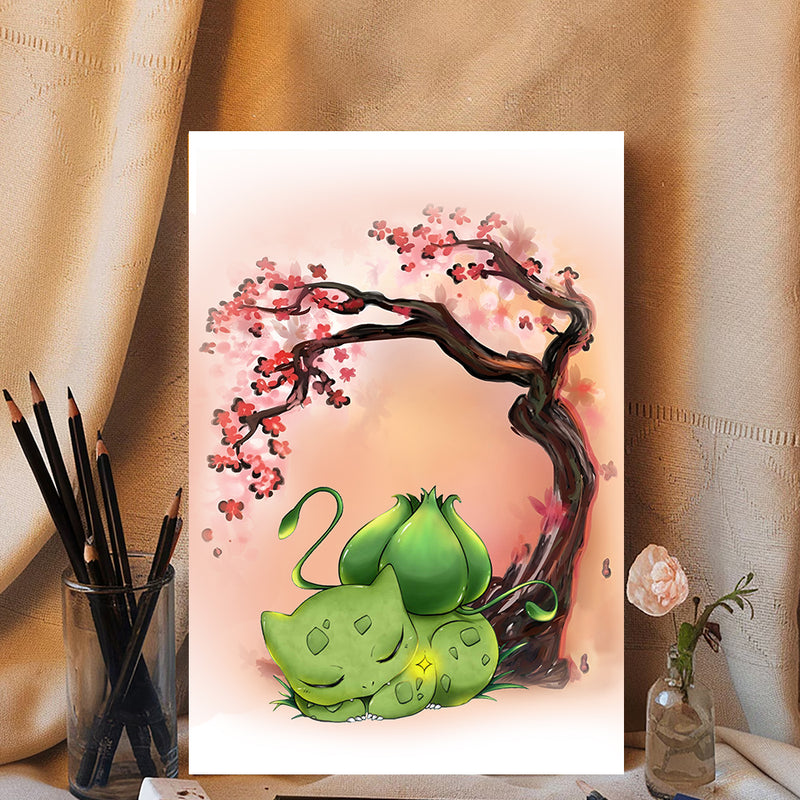 Pokemon Bulbasaur Sleep Anime Cherry Blossom Japan - Living Room - Canvas Wall Art - Print - Wall Decor