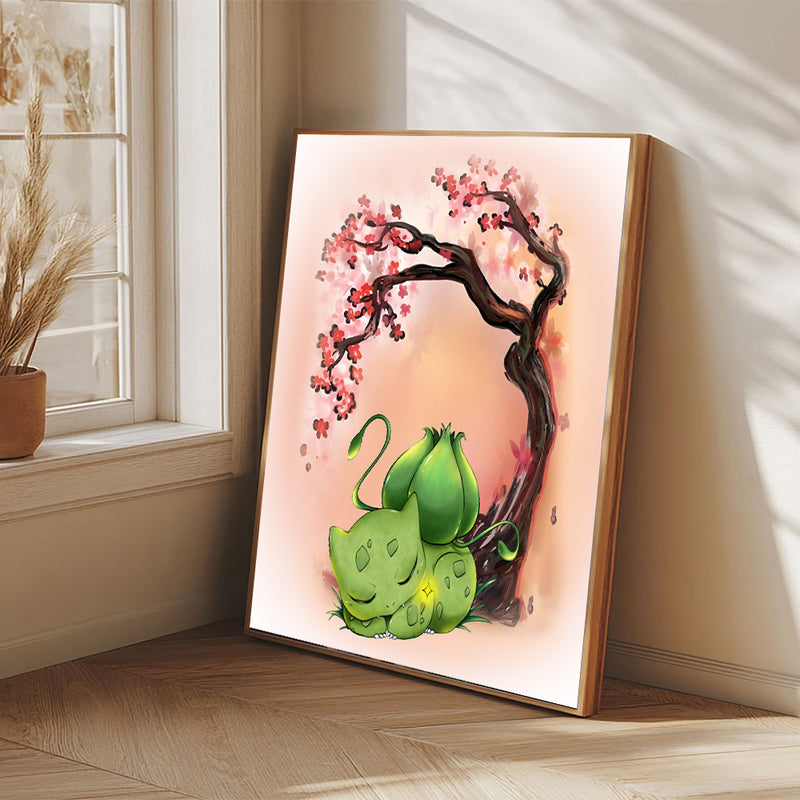 Pokemon Bulbasaur Sleep Anime Cherry Blossom Japan - Living Room - Canvas Wall Art - Print - Wall Decor