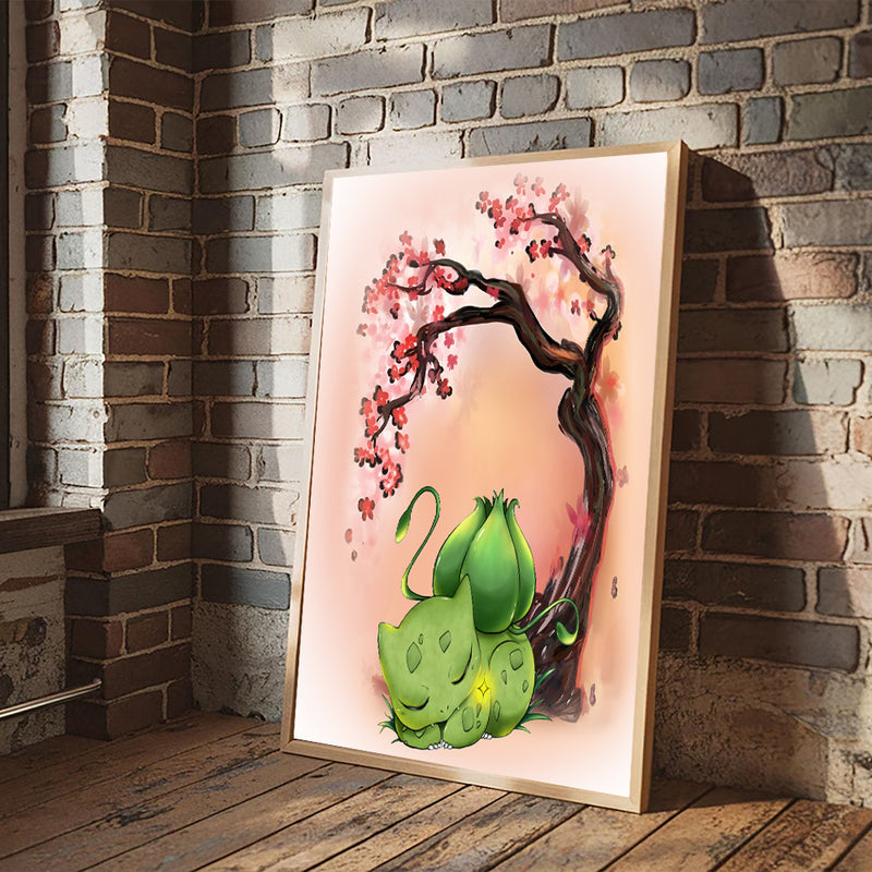 Pokemon Bulbasaur Sleep Anime Cherry Blossom Japan - Living Room - Canvas Wall Art - Print - Wall Decor