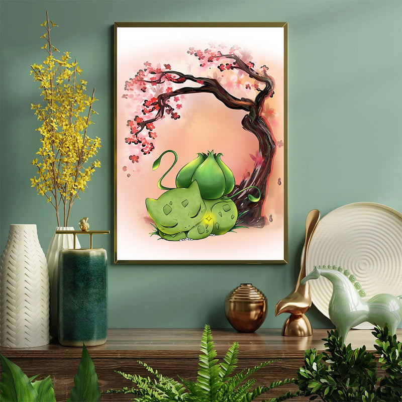 Pokemon Bulbasaur Sleep Anime Cherry Blossom Japan - Living Room - Canvas Wall Art - Print - Wall Decor