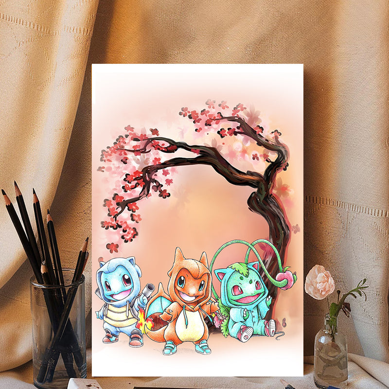 Gen 1 Bulbasaur Charmander Squirtle Anime Cherry Blossom Japan - Living Room - Canvas Wall Art - Print - Wall Decor