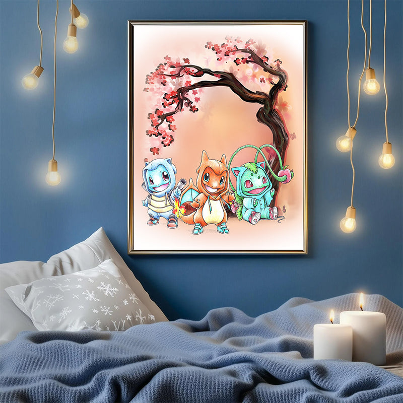 Gen 1 Bulbasaur Charmander Squirtle Anime Cherry Blossom Japan - Living Room - Canvas Wall Art - Print - Wall Decor