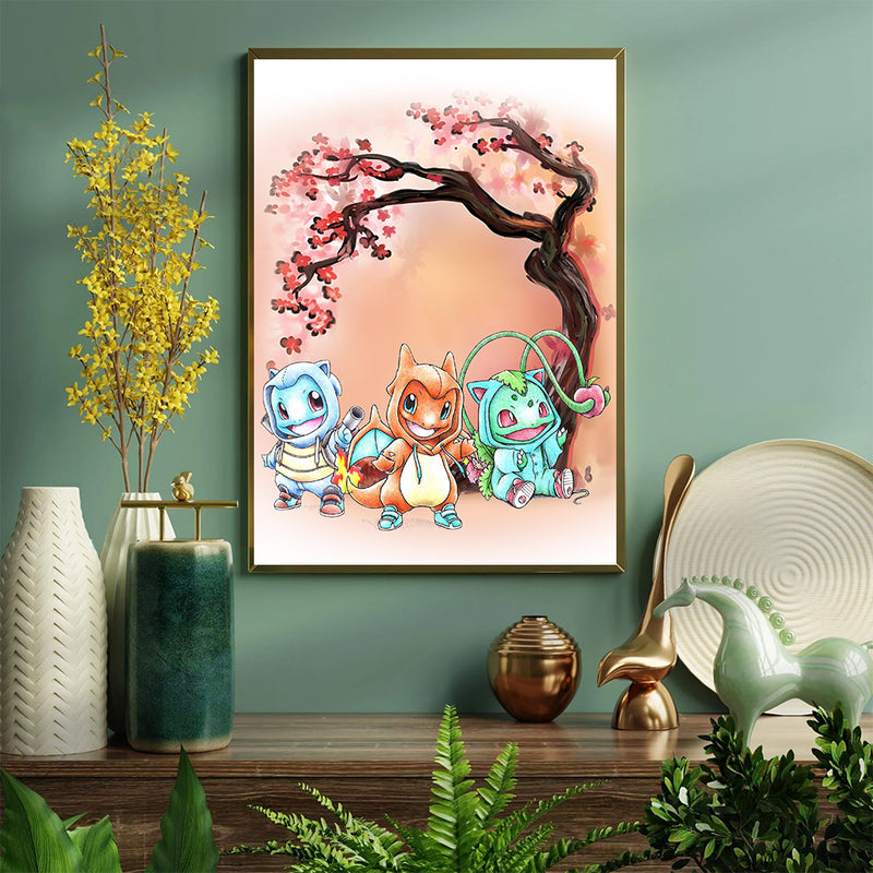 Gen 1 Bulbasaur Charmander Squirtle Anime Cherry Blossom Japan - Living Room - Canvas Wall Art - Print - Wall Decor